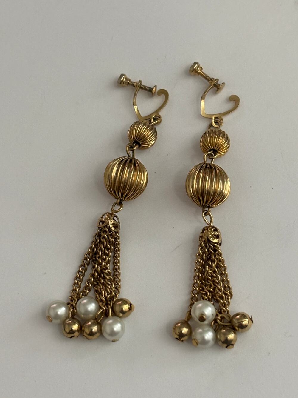Vintage Gold Tone Tassel Earrings Faux Pearls